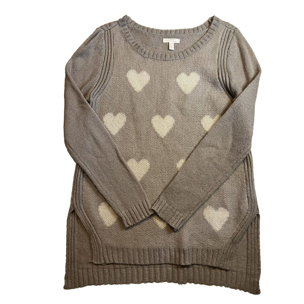 LC LAUREN CONRAD WOMENS SWEATER SIZE‎ M PULLOVER KNIT SOFT SPLIT HEM HEARTS TAN
